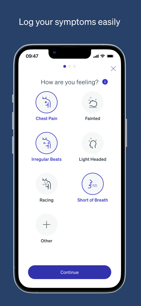 Interface of the MyZio app showing a menu to log cardiac symptoms like chest pain and irregular heartbeats