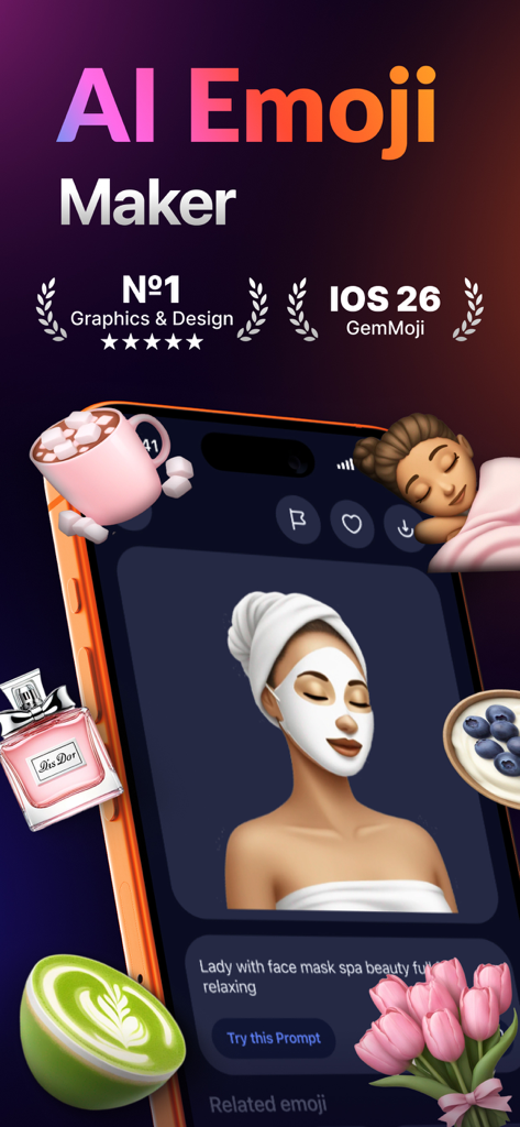 Gmoji AI Emoji Maker app interface showing a custom creation of a woman with a face mask and floating lifestyle emojis