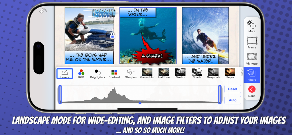 Smartphone showing comic book creation in landscape mode with image filter adjustments