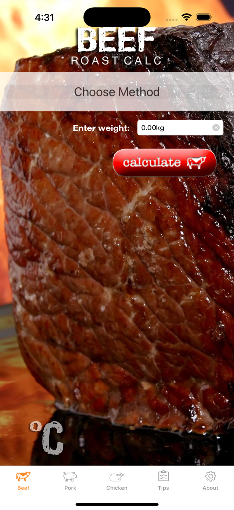 Roast Calc - Beef roast cooking time calculator interface with weight input field and calculate button