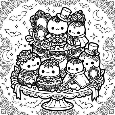 Prepare for an enchanting coloring adventure with these adorable Marzipan Kawaii characters, exquisitely dressed in Gothic-inspired Victorian fashion. This unique design blends sweet cuteness with dark elegance, perfect for a captivating artistic escape.