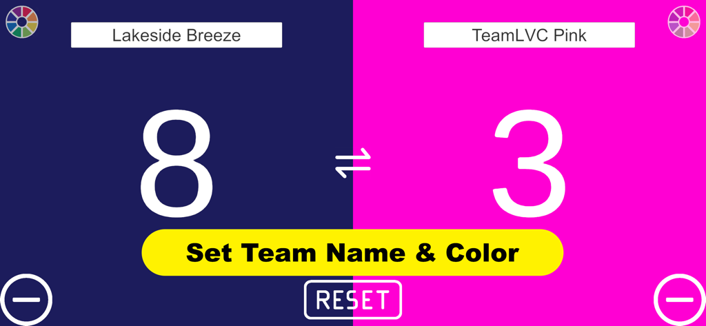 EZ-Scoreboard - EZ-Scoreboard mobile app interface displaying a score of 8 to 3 with customizable team names and colors.