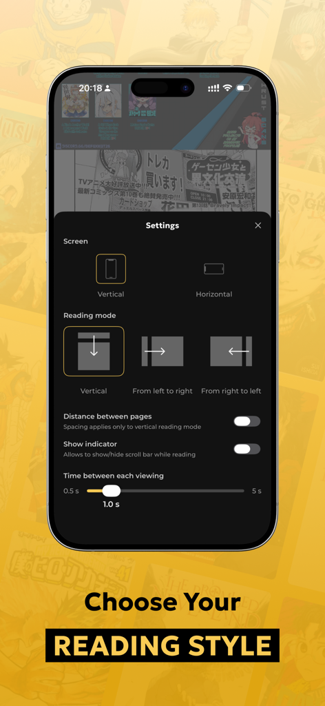 Interface do aplicativo Manga Reader King mostrando configurações de modo de leitura vertical e horizontal