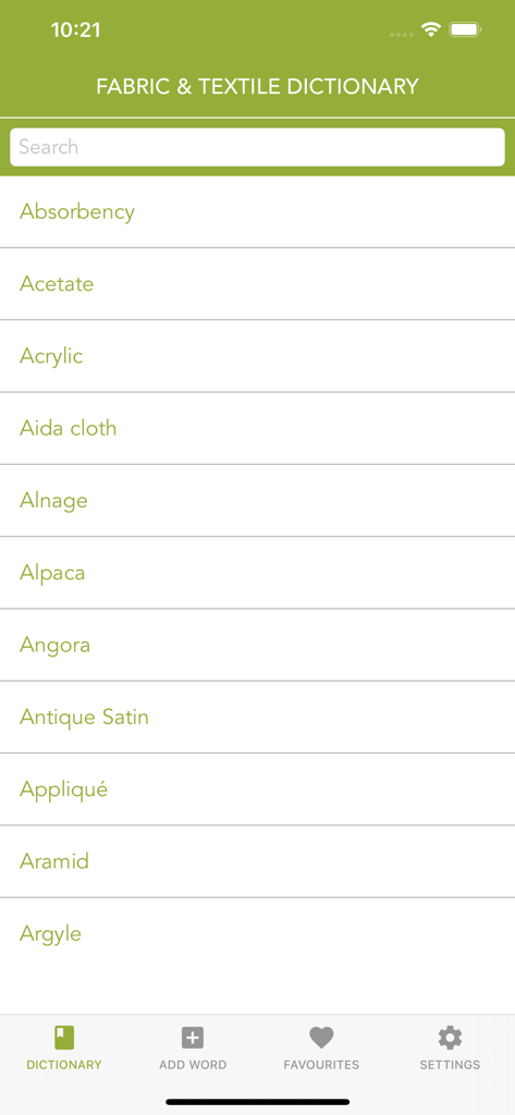 Alphabetical list of fabric terms in the Fabric and Textile Dictionary app