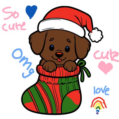 cute puppy wearing santa hat in socking