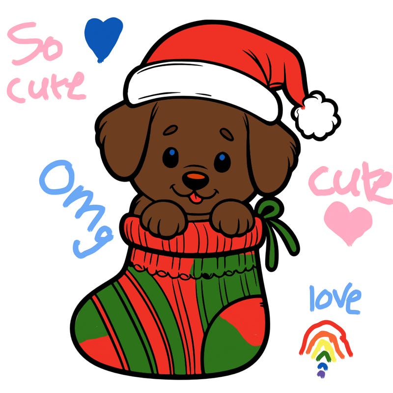 cute puppy wearing santa hat in socking