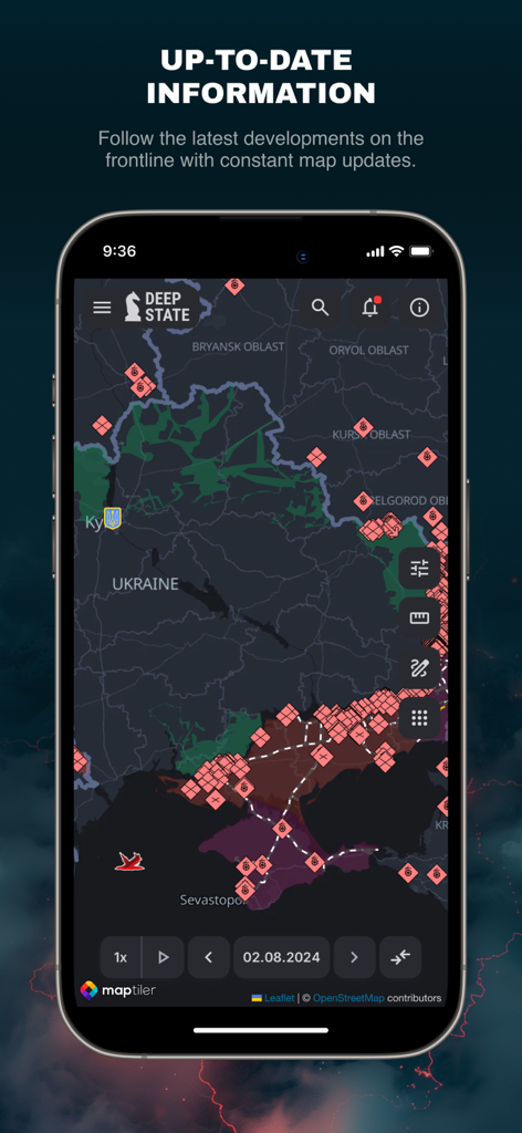 DeepStateMap - DeepStateMap interface showing a tactical military map of the Ukraine frontline with unit locations and territorial control zones