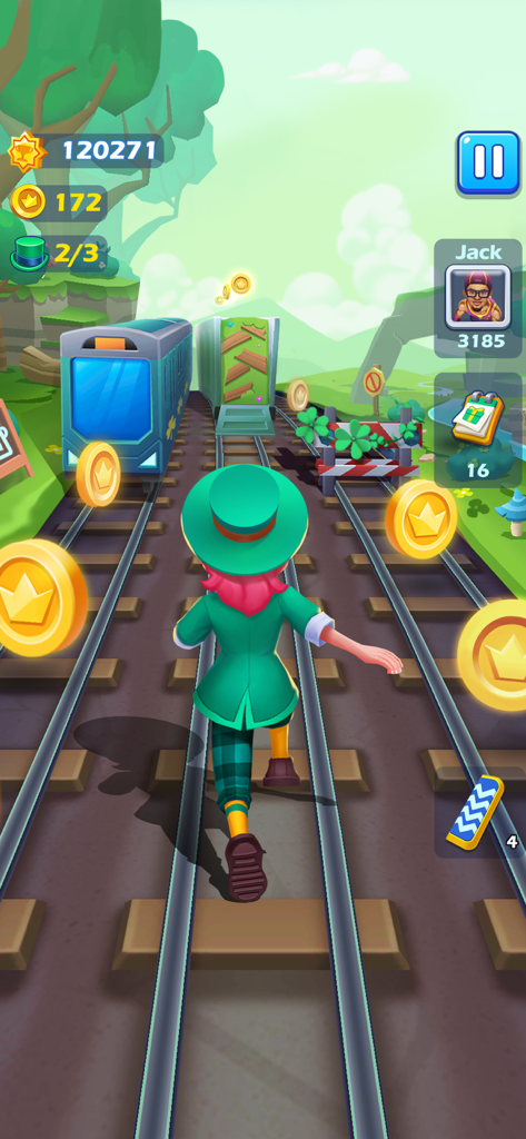 Un personaje con un atuendo verde y sombrero de copa corriendo por las vías del metro recogiendo monedas de oro en un vibrante escenario al aire libre.