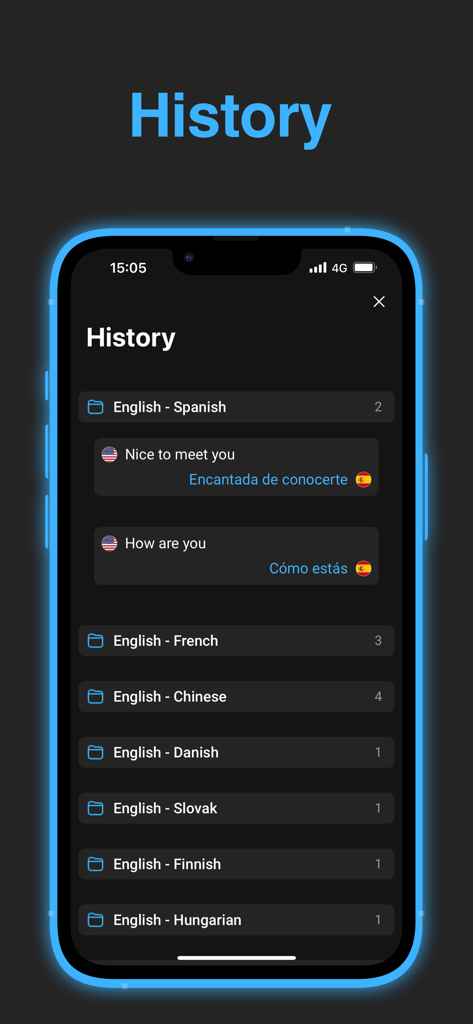Camera Translator from Adapps - Übersetzungshistorie-Bildschirm, der eine Liste gespeicherter Phrasen und Sprachordner wie Englisch nach Spanisch und Englisch nach Französisch anzeigt