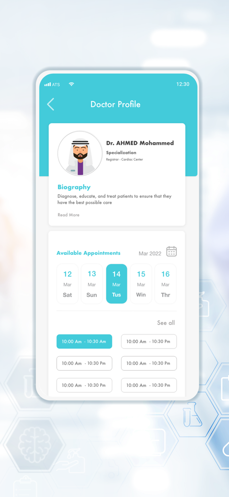 Mobile app screen showing a doctor profile with biography and available appointment slots for booking