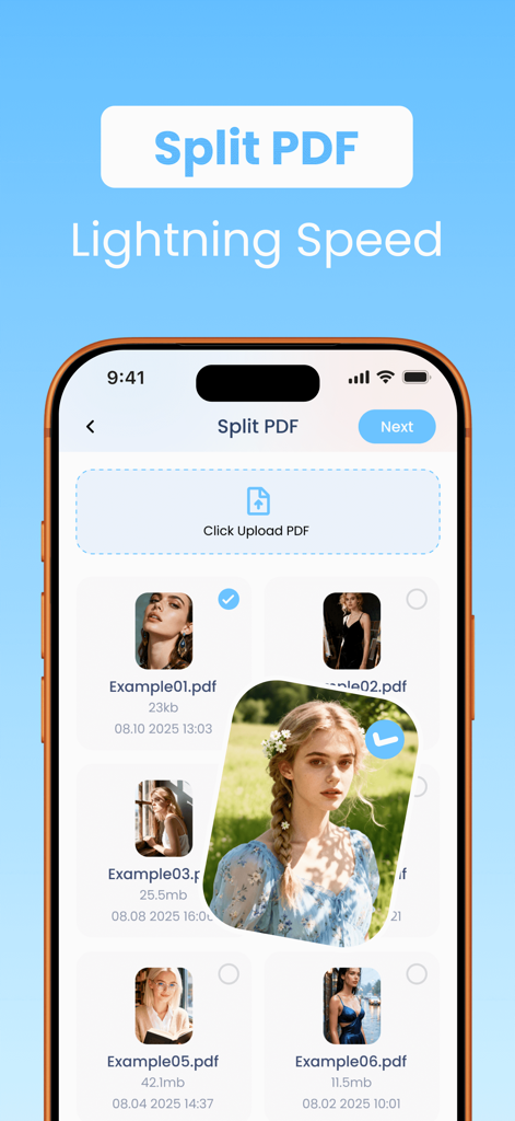 Zeno PDF 앱 인터페이스, iPhone에서 파일 선택과 함께 PDF 분할 기능 표시