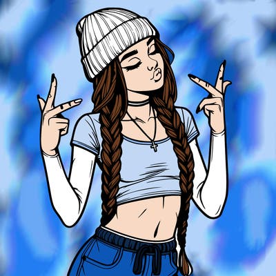 realistic teenage girl with braids and a beanie and crop top doing 🫶🏼