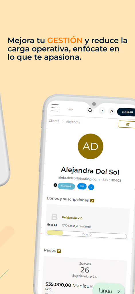 Bewe para negocios - Una pantalla de perfil de cliente en la aplicación Bewe que resalta las funciones de gestión empresarial y los detalles de la suscripción.