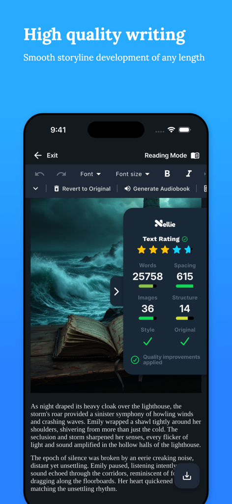 AI Book Writer - Nellie - A screenshot of the Nellie AI Book Writer app showing a writing interface with a novel excerpt and an overlay of text quality statistics
