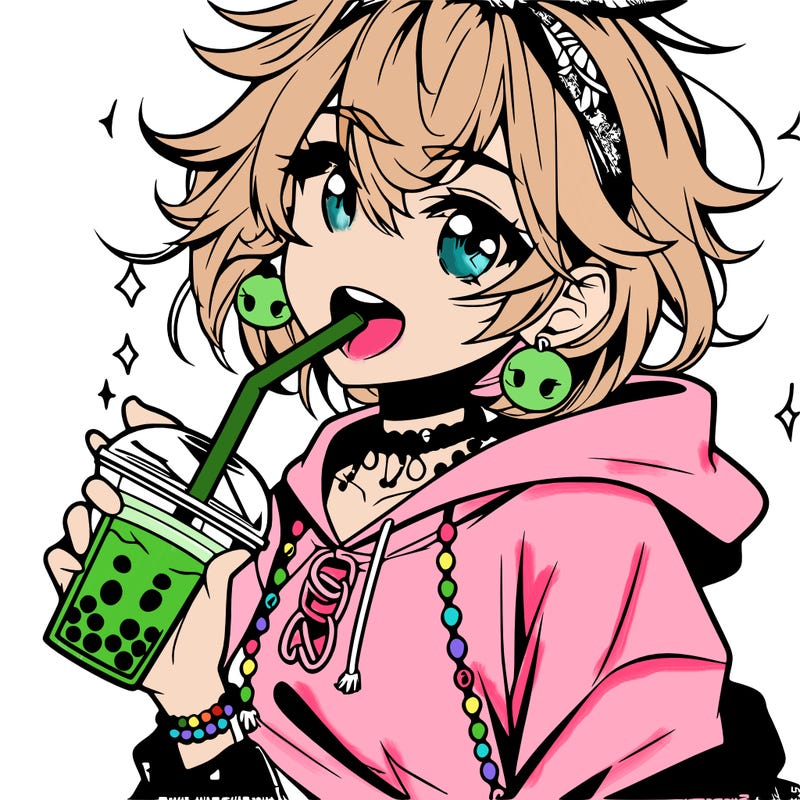 hot baddie anime girl drinking boba and biting the straw