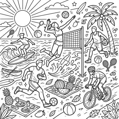 Experience the thrill of a summer sports festival with this dynamic coloring page, perfect for all ages. Capture the energy of athletes in motion, from surfing waves to spiking volleyballs, under the warm summer sun.