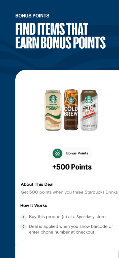 Speedway app screen showing a bonus points deal for buying Starbucks coffee drinks