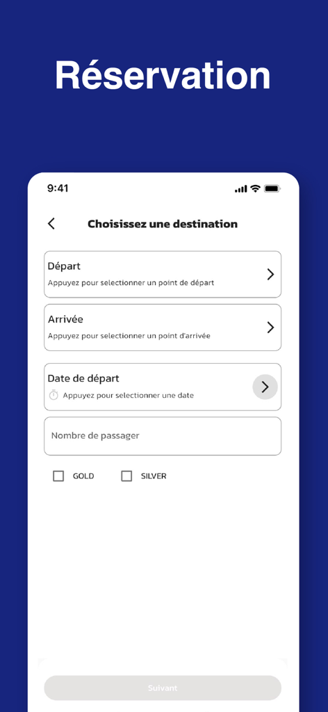 Booking interface for a luxury bus service on an iPhone showing fields for departure arrival and date