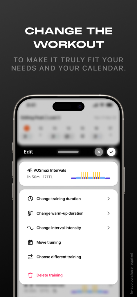 Enduco: Running & Cycling - Una pantalla móvil que muestra el editor de entrenamientos de la aplicación Enduco con opciones para ajustar los parámetros de entrenamiento