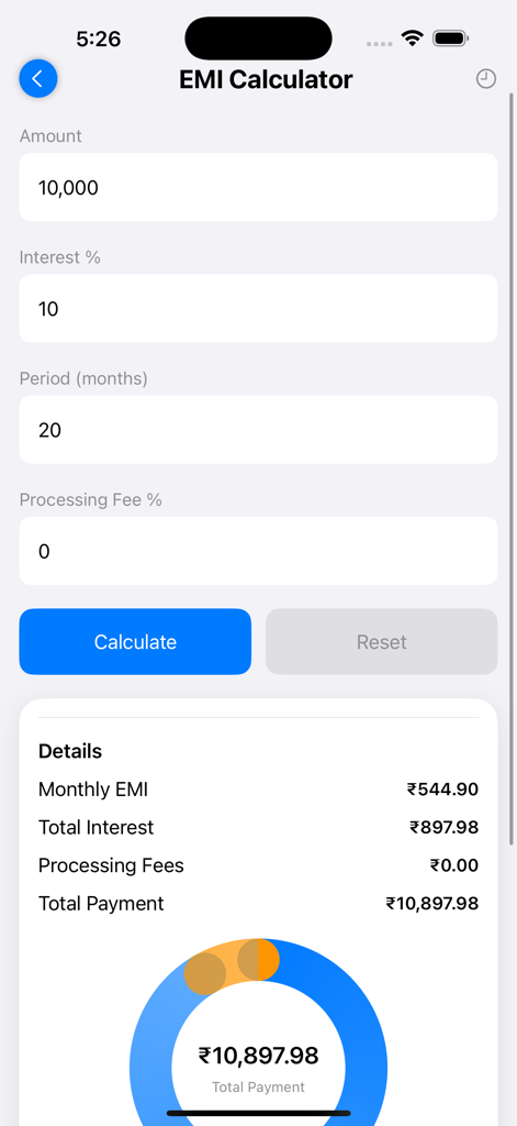 Loan Calc: Easy EMI Calculator - Screenshot of the Loan Calc app EMI calculator interface displaying loan details and payment breakdown
