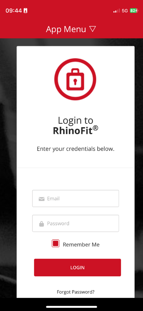 RhinoFit - RhinoFit app login screen with email and password input fields