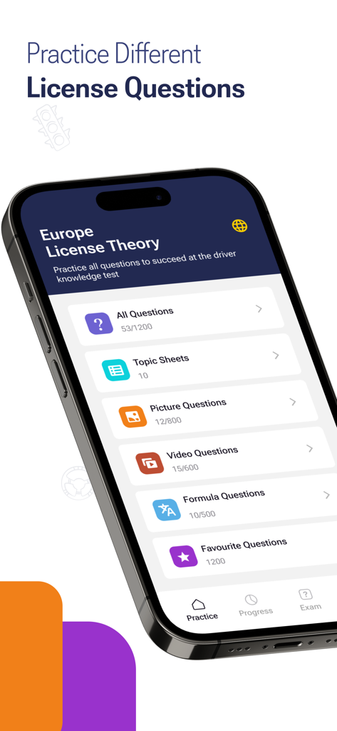 Smartphone displaying License Theory app with various driving license practice question categories like video and picture questions