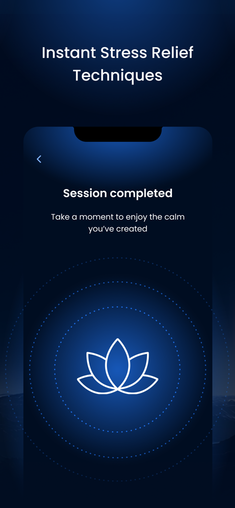 InnerFlo: Calm & Focus - InnerFlo app screen showing a completed session for instant stress relief with a lotus flower icon
