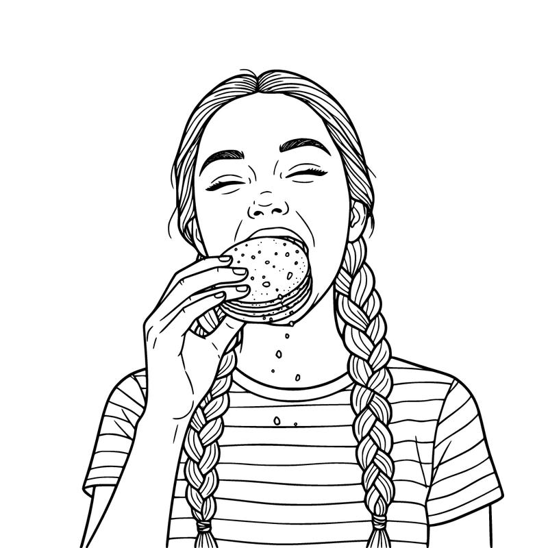 teen realistic girl with braids eating a macaroon
