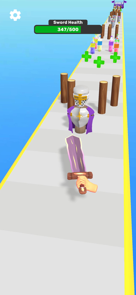 A first person view of a purple sword on a track with obstacles and a health bar in the Sword Melter app.