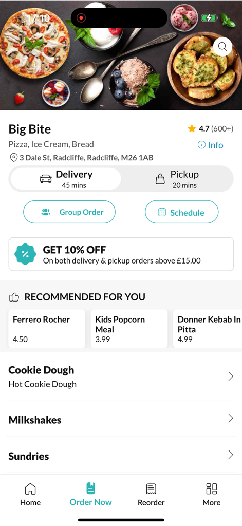 Big Bite. - Big Bite app home screen showing restaurant information and food menu categories
