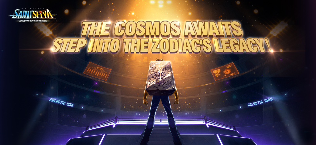 A Saint carrying a Pegasus Cloth Box in the Galactic War arena of Saint Seiya Awakening.