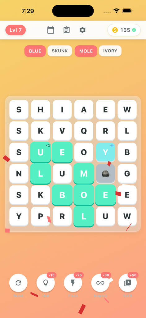 A word search puzzle grid showing highlighted words and game boosters on a warm gradient background