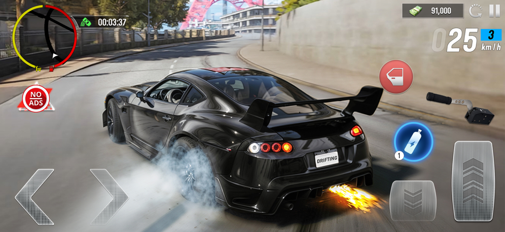 City Driving and Drifting Star - Un coche deportivo negro derrapando en una calle de la ciudad con humo y llamas saliendo del escape