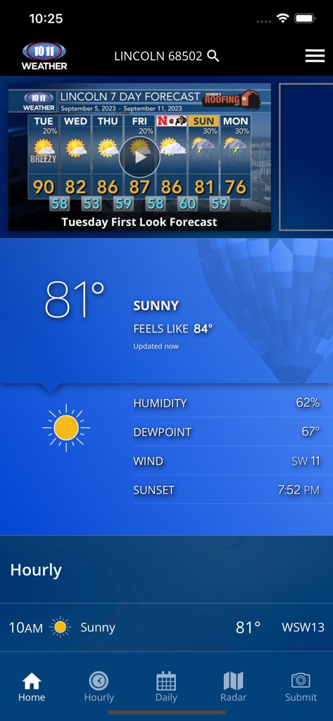 10/11 NOW Weather - 10/11 NOW Weather app interface showing current temperature and 7 day forecast for Lincoln Nebraska.