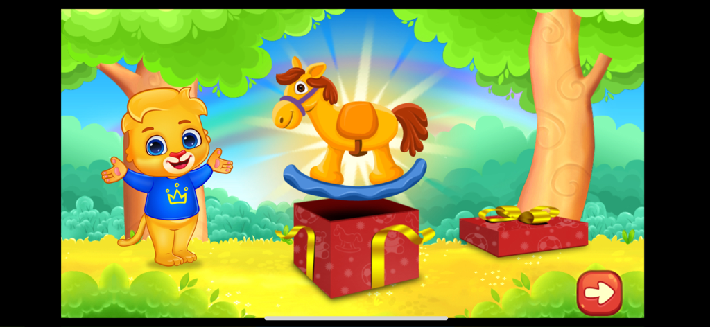 ABC Kids - Tracing & Phonics - A cartoon lion celebrates as a rocking horse toy emerges from a gift box in a colorful forest setting