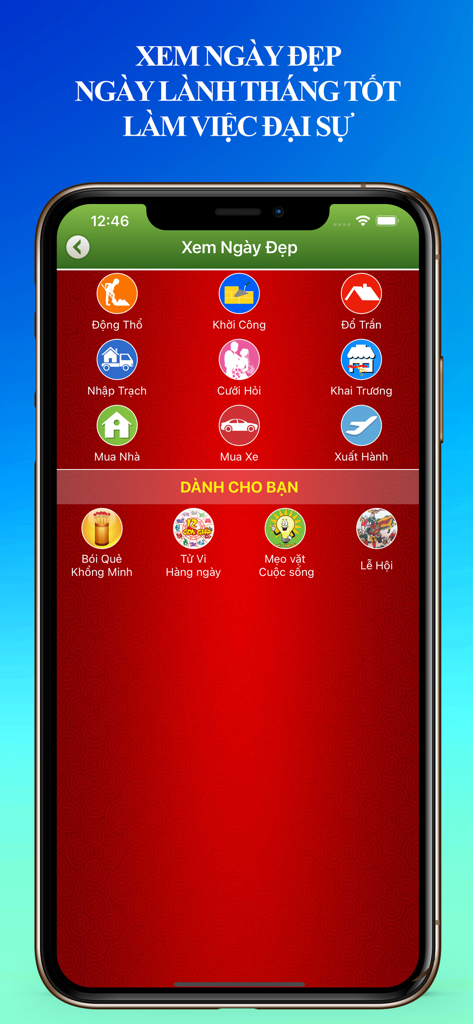 Vietnamese lunar calendar app menu for choosing auspicious dates for major life events