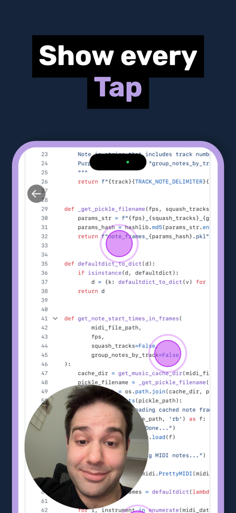 Face Cam Screen Recorder Pro - Gravação de tela com uma sobreposição de câmera frontal circular ao vivo e indicadores de toque roxos mostrando toques em código
