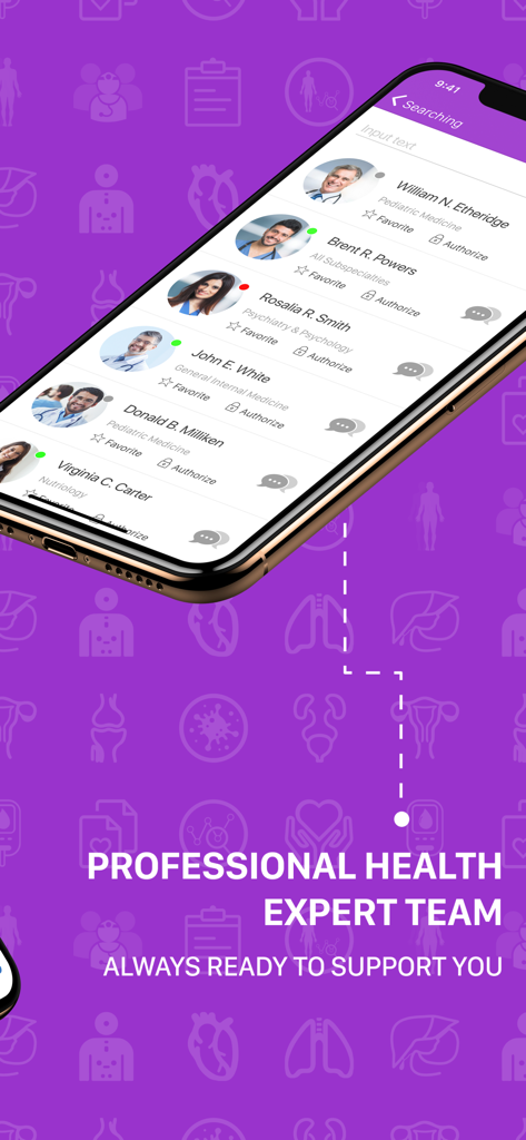 Interfaz de la aplicación Dr. Here Online que muestra una lista de expertos médicos profesionales y especialistas en atención médica.