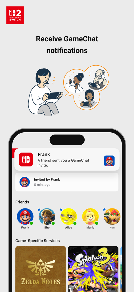 Benutzeroberfläche der Nintendo Switch App, die eine GameChat-Einladungsbenachrichtigung und eine Liste von Online-Freunden zeigt.