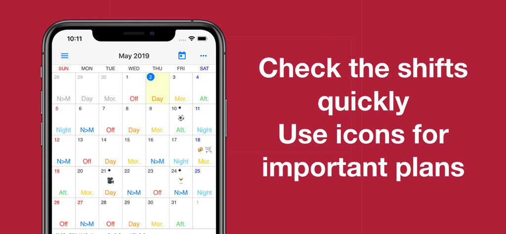 Shift Work Calendar Planner - Smartphone screen displaying a monthly calendar with color coded work shifts and emoji icons for personal plans