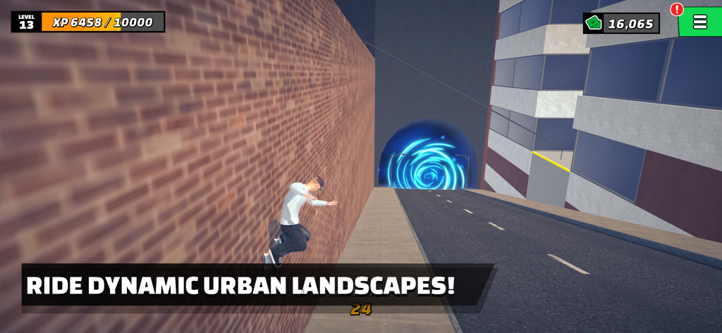 Skate Life 3D - A skater performing a wall ride on a brick wall in an urban environment