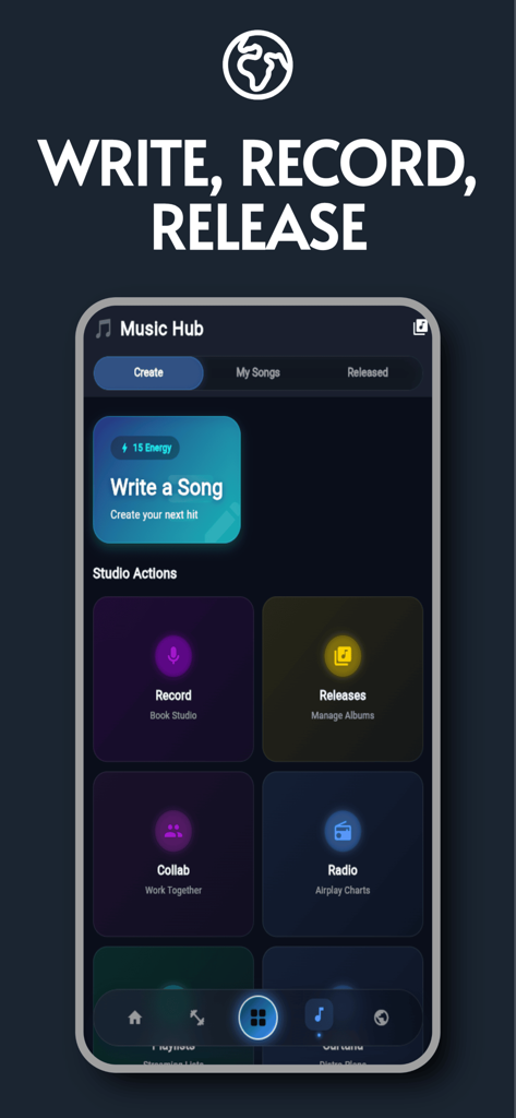 Tela do Hub Musical do aplicativo NextWave mostrando opções para escrever uma música, gravar e gerenciar lançamentos