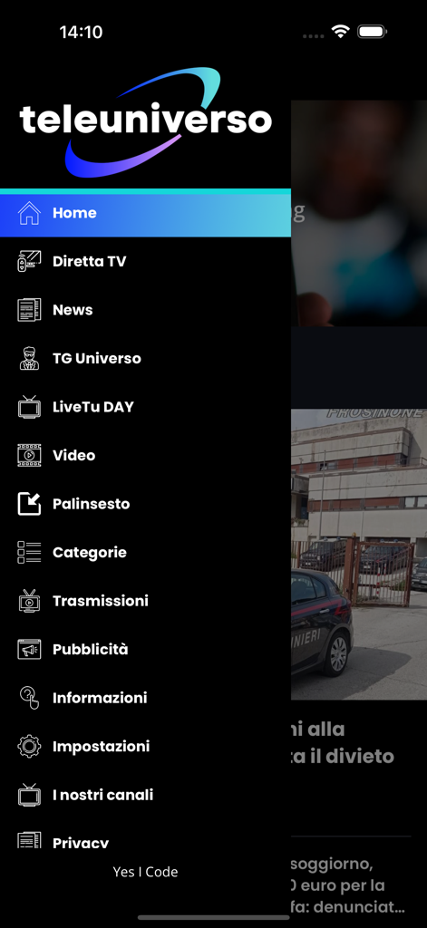 Teleuniverso - Menu di navigazione dell'app Teleuniverso con link alle notizie e alla TV in diretta