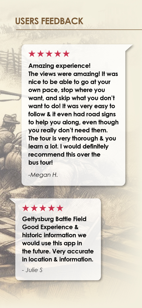 Positive user reviews and five star ratings for the Gettysburg Battle Auto Tour app