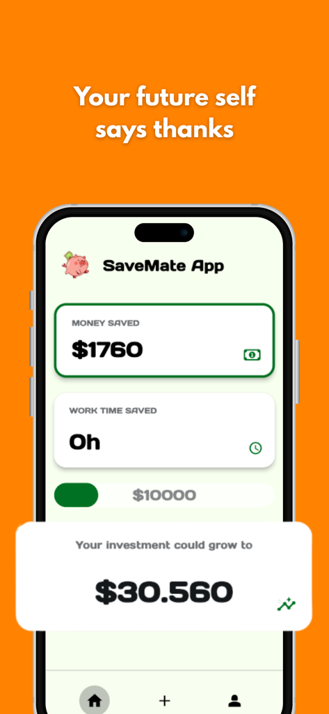 SaveMate - Savings Tracker - Panel de la aplicación SaveMate que muestra los ahorros totales y el crecimiento potencial de la inversión