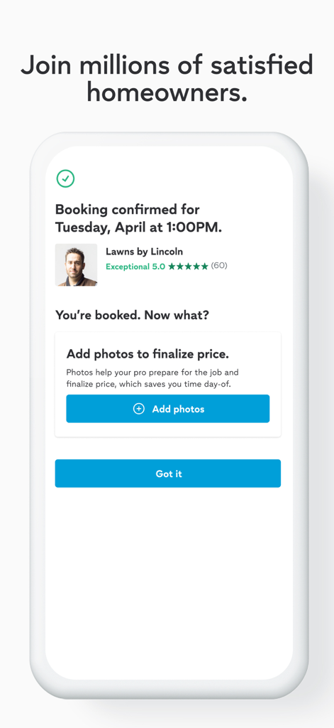 Thumbtack mobile app screen showing a confirmed booking for a lawn service professional.