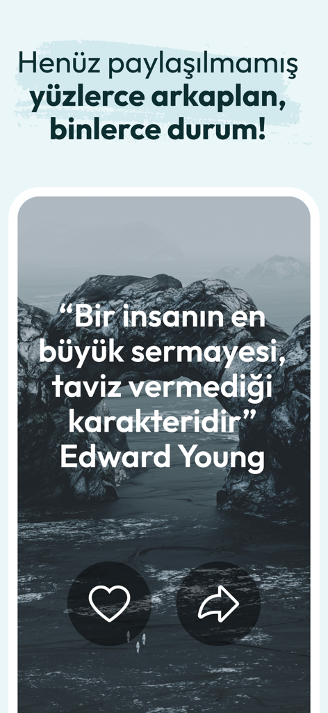 Ein inspirierendes türkisches Zitat von Edward Young, über einem schwarz-weißen Küstenhintergrund in der PaylasimApp-Oberfläche.