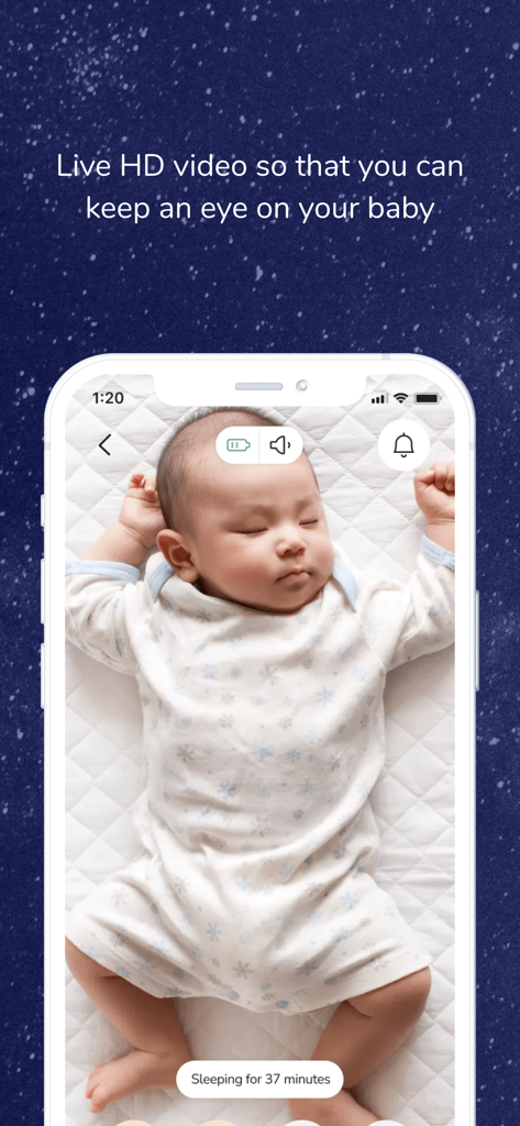 Live-HD-Video-Stream eines schlafenden Babys auf der Benutzeroberfläche der Wonder Weeks Baby Monitor App