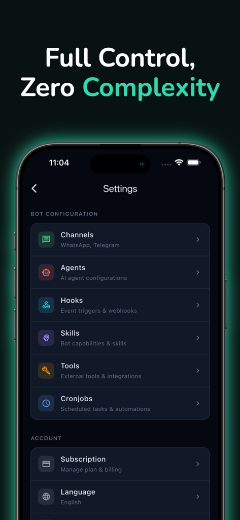 GoClaw - OpenClaw App - Schermata delle impostazioni dell'app GoClaw che mostra le opzioni di configurazione del bot AI come canali agenti e skill
