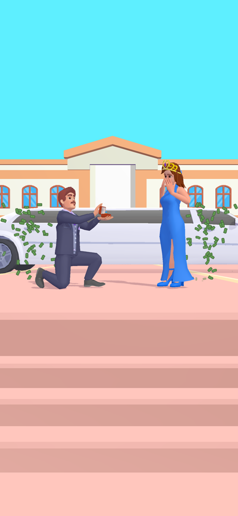Good Mom Bad Mom Run Games - A man proposing to a woman in a blue dress in front of a limousine with money falling.